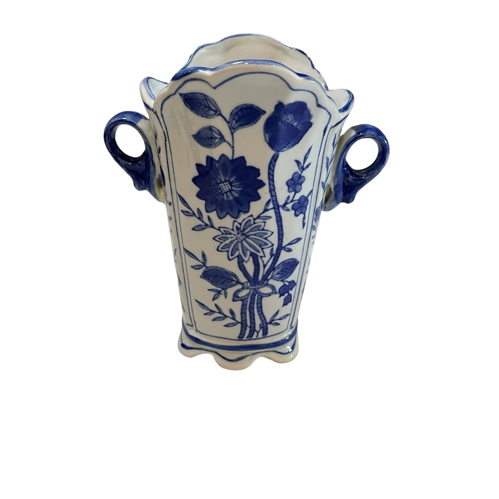Blue and White Ceramic Chinoiserie Hand Painted Flower Vase / Planter